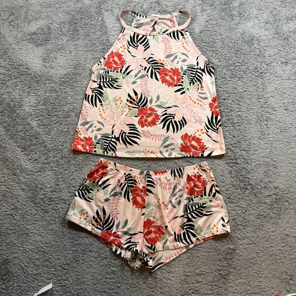 Flora by Flora Nikrooz Pajama Set Large Pink Tropical Floral 3 Piece Tank Shorts - Picture 5 of 10